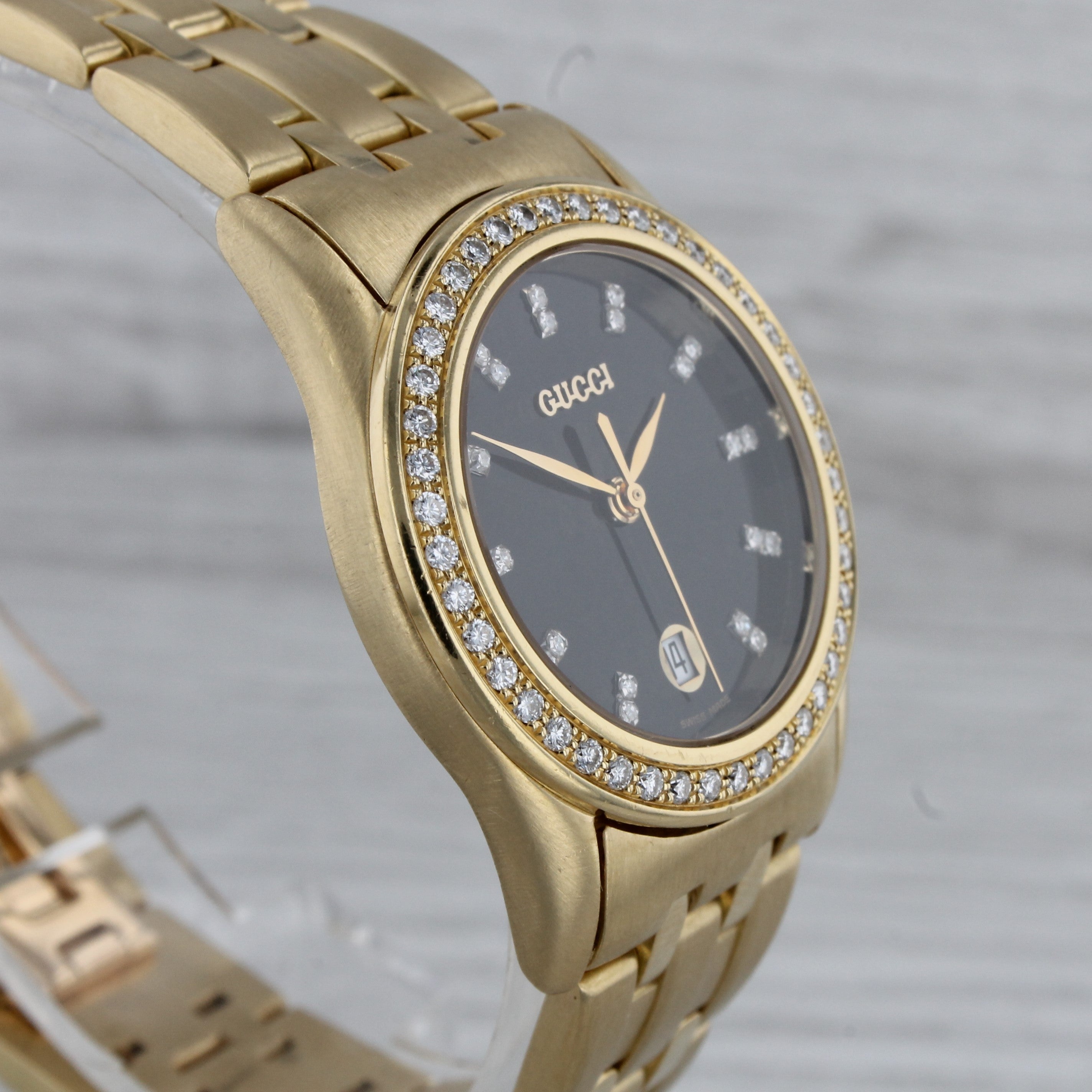 Dark Gray Gucci Solid 18k Yellow Gold 29mm Midsize Quartz Watch Diamond Dial & Bezel w Box