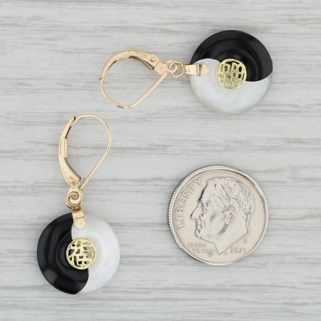 Gray Mother of Pearl Onyx Yin Yang Earrings 14k Gold Chinese Character Good Luck