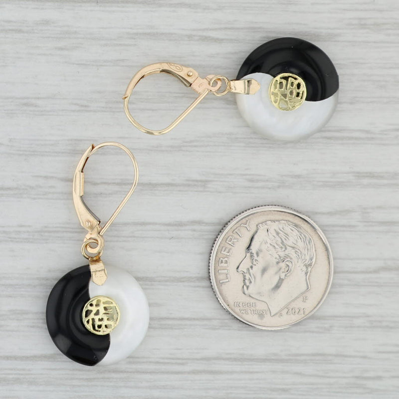 Mother of Pearl Onyx Yin Yang Earrings 14k Gold Chinese Character Good Luck