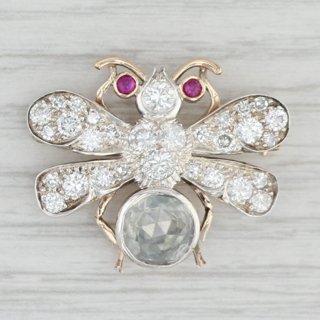 Light Gray Antique 1.55ctw Diamond Ruby Fly Brooch 10k Gold Silver Bee Pin