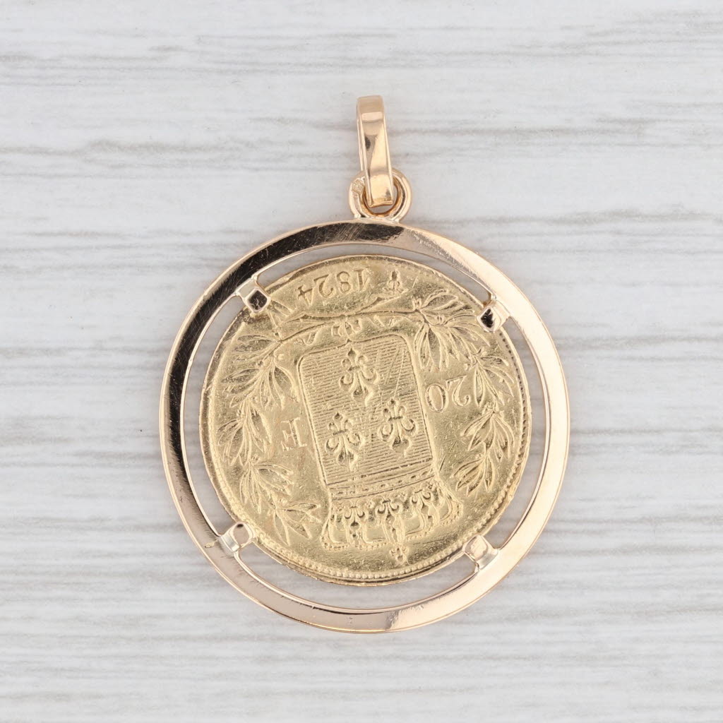 Light Gray Genuine 1824 French Franc Coin Pendant 22k 14k Yellow Gold Medallion