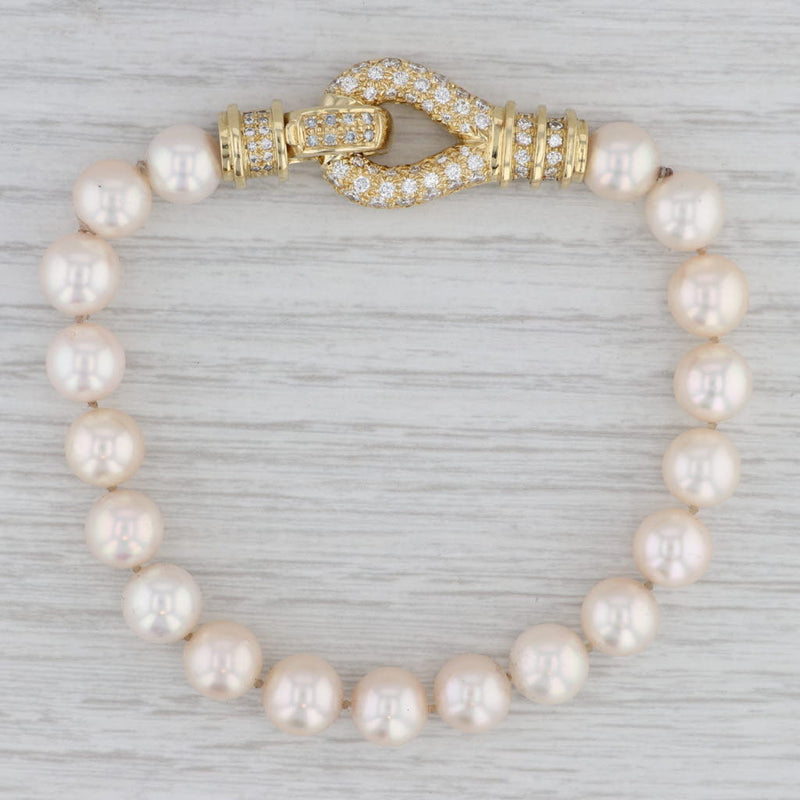 Cultured Pearl 1.13ctw Diamond Statement Bracelet 18k Yellow Gold 7.75"