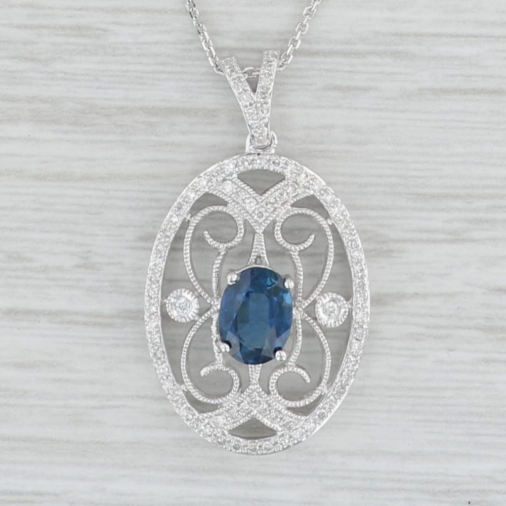 Light Gray 1.07ctw Blue Sapphire Diamond Filigree Pendant Necklace 14k White Gold 18"