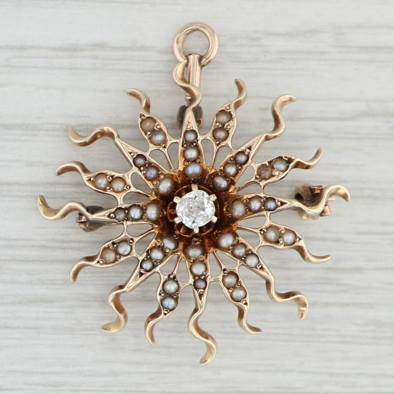 Antique Diamond Seed Pearl Sun Brooch 14k Gold Pendant Pin