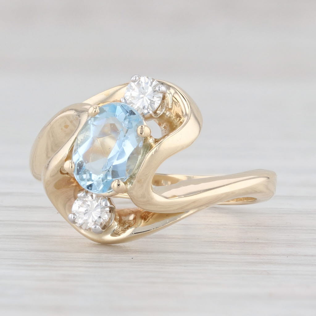 Light Gray 0.78ctw Aquamarine Diamond Bypass Ring 14k Yellow Gold Size 6 March Birthstone