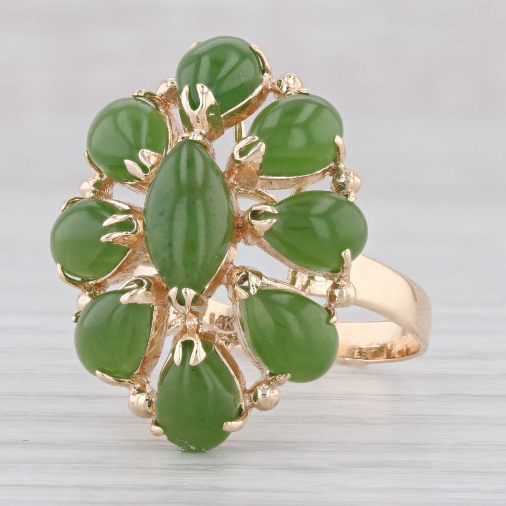 Light Gray Green Nephrite Jade Ring 14k Yellow Gold Size 7.5 Cocktail Cluster