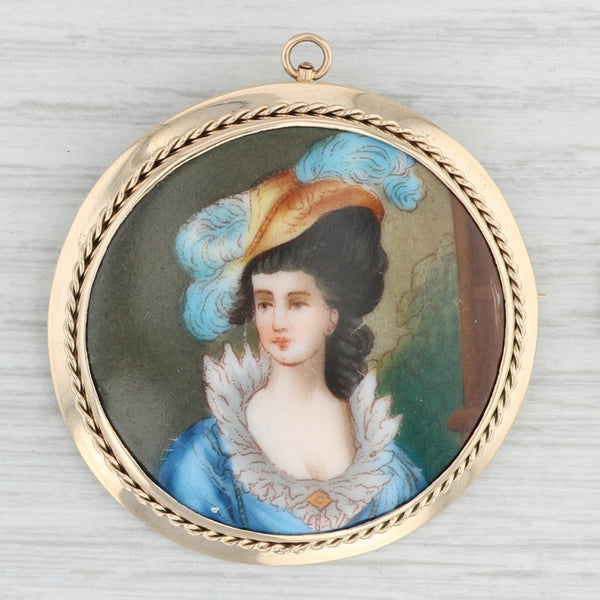 Light Gray Enamel on Porcelain Victorian Picture Brooch 10k Yellow Gold Pin Pendant