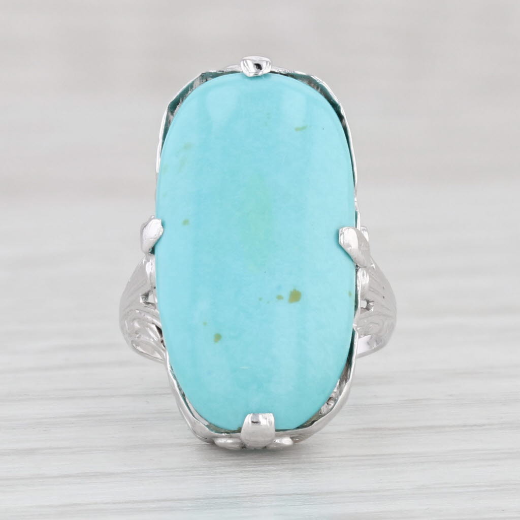 Light Gray Vintage Stabilized Turquoise Ring 14k White Gold Size 2.5 Oval Cabochon