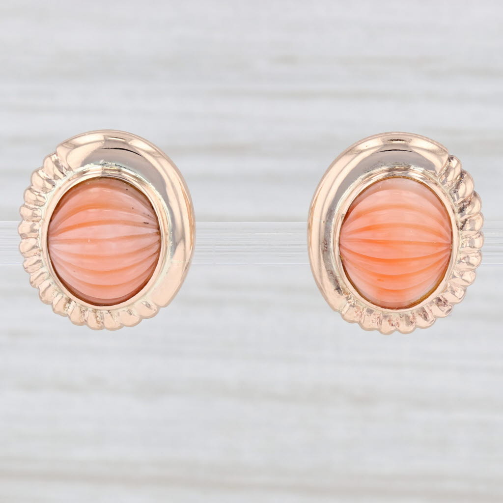 Light Gray Carved Coral Cabochon Stud Earrings 14k Rose Gold Pierced Omega Backs