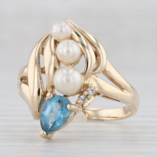 Light Gray Topaz Cultured Pearl Diamond Cocktail Ring 14k Yellow Gold Size 8
