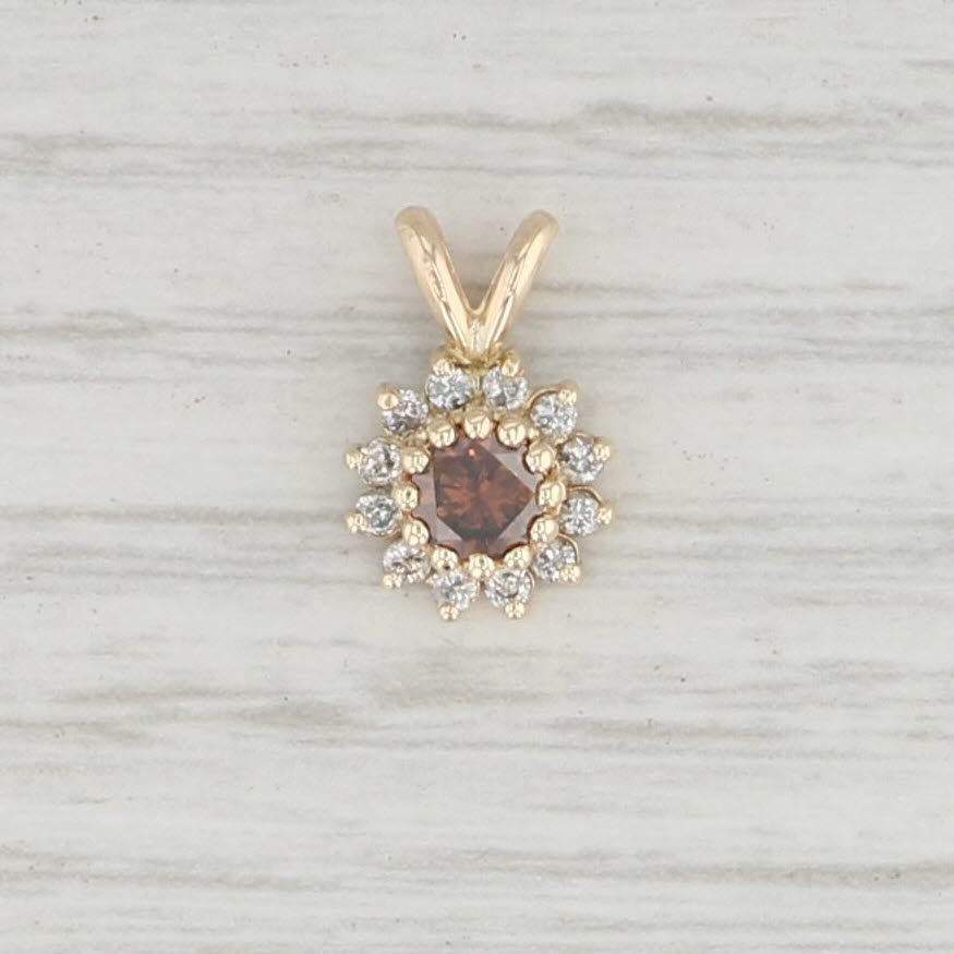 Light Gray Small 0.46ctw Brown & White Diamond Halo Flower Pendant 14k Yellow Gold