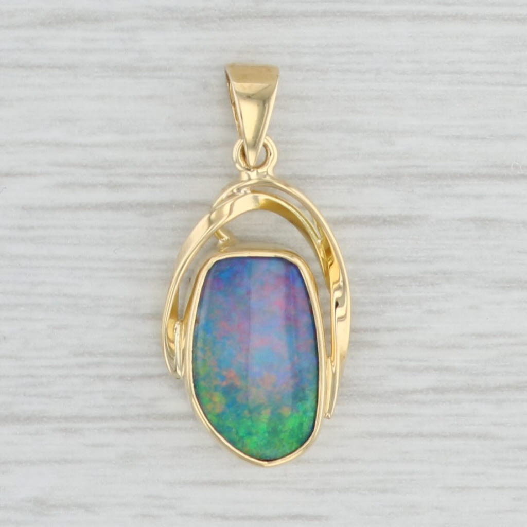 Light Gray Blue Boulder Opal Solitaire Pendant 18k Yellow Gold Baroque Oval