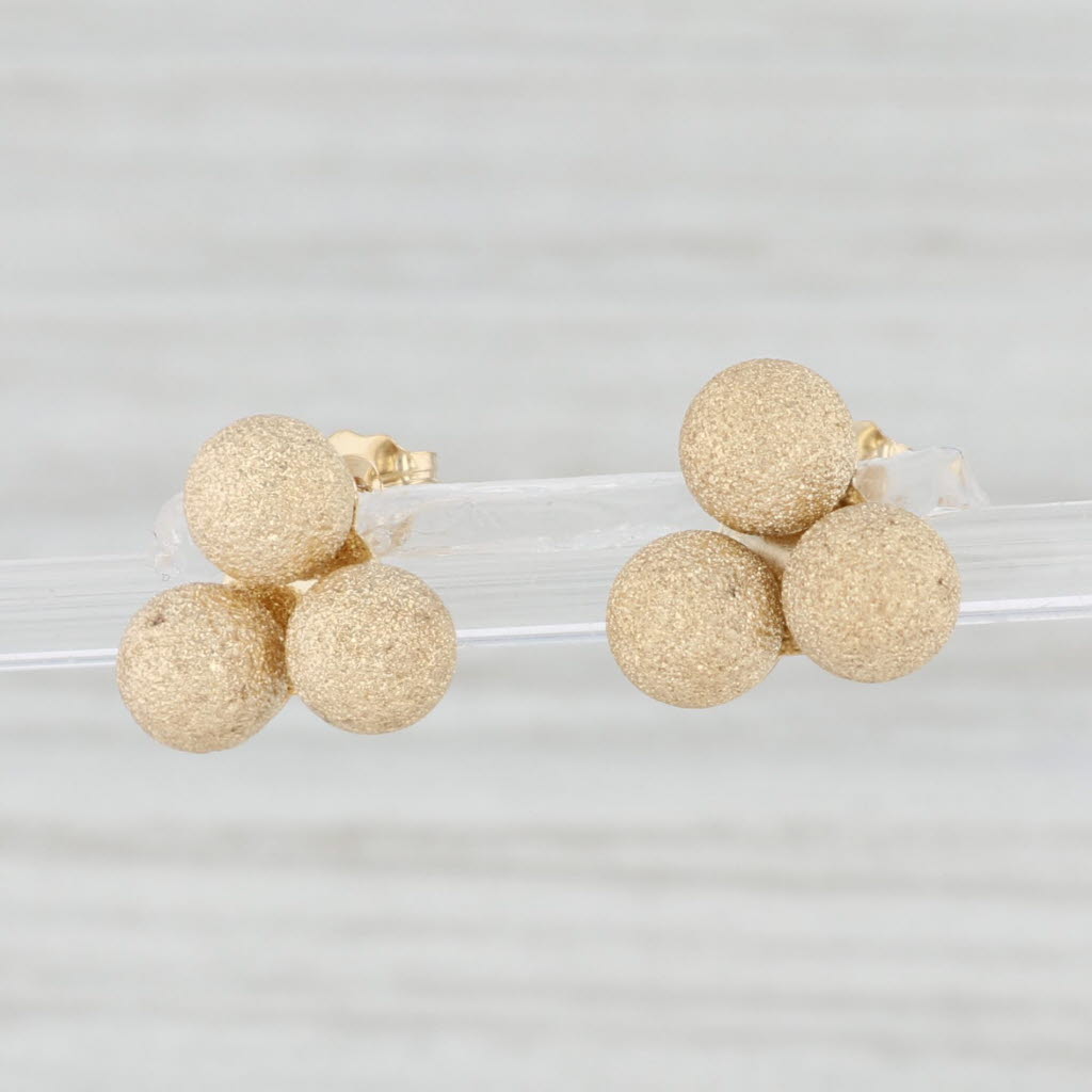 Light Gray 3 Bead Stud Earrings Brushed 14k Yellow Gold Pierced Studs