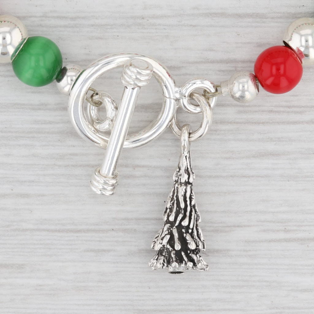 Light Gray New Red Green Glass Bead Bracelet Christmas Tree Charm 7" Sterling Silver Holiday