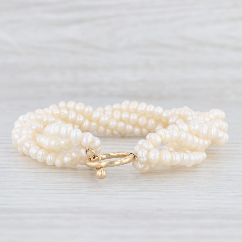 Light Gray Woven Multi-Strand Freshwater Cultured Pearl Bracelet 14k Yellow Gold 7"