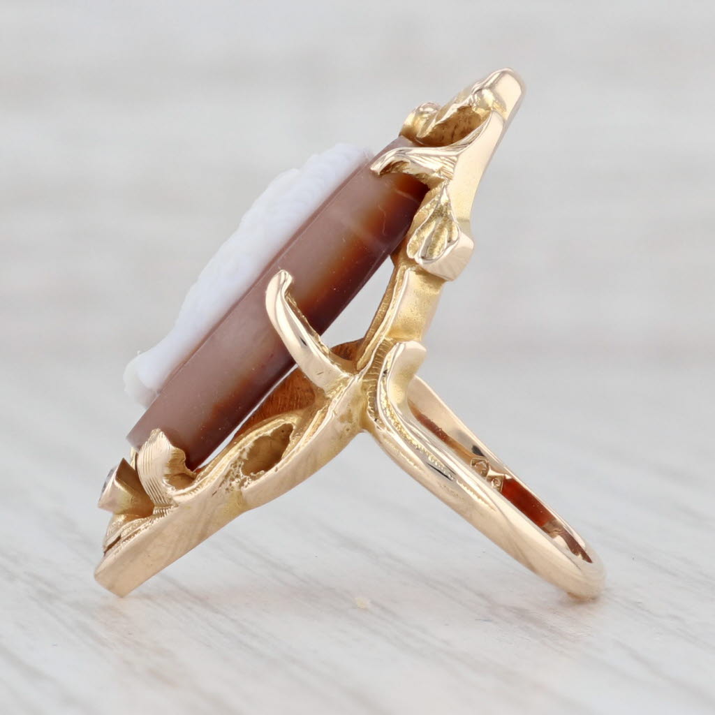 Light Gray Antique Sardonyx Cameo Diamond Ring 10k Yellow Gold Size 5 Male Figural