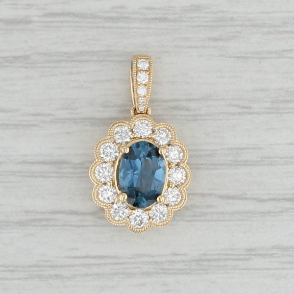 Gray New Blue Sapphire Diamond Halo Pendant 18k Yellow Gold Gemstone Flower Drop