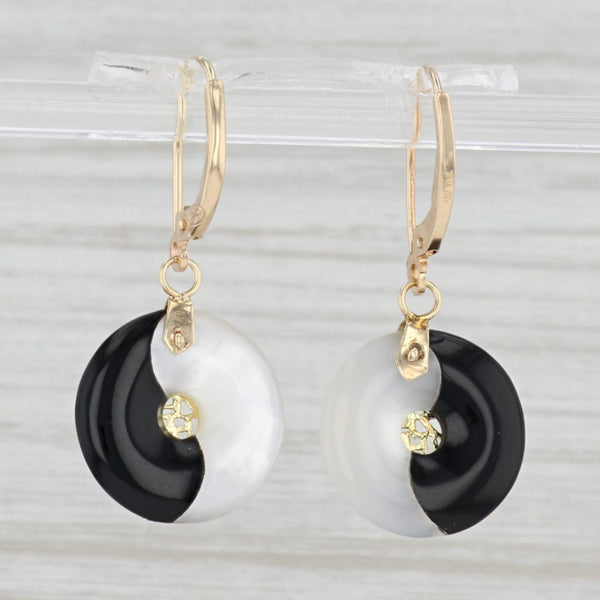 Light Gray Mother of Pearl Onyx Yin Yang Earrings 14k Gold Chinese Character Good Luck
