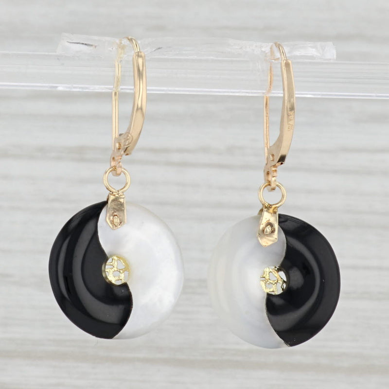 Mother of Pearl Onyx Yin Yang Earrings 14k Gold Chinese Character Good Luck