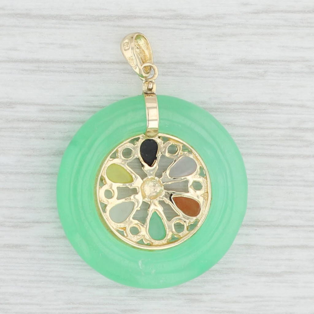 Light Gray Multi-Color Jadeite Jade Hololight Flower Pendant 14k Yellow Gold