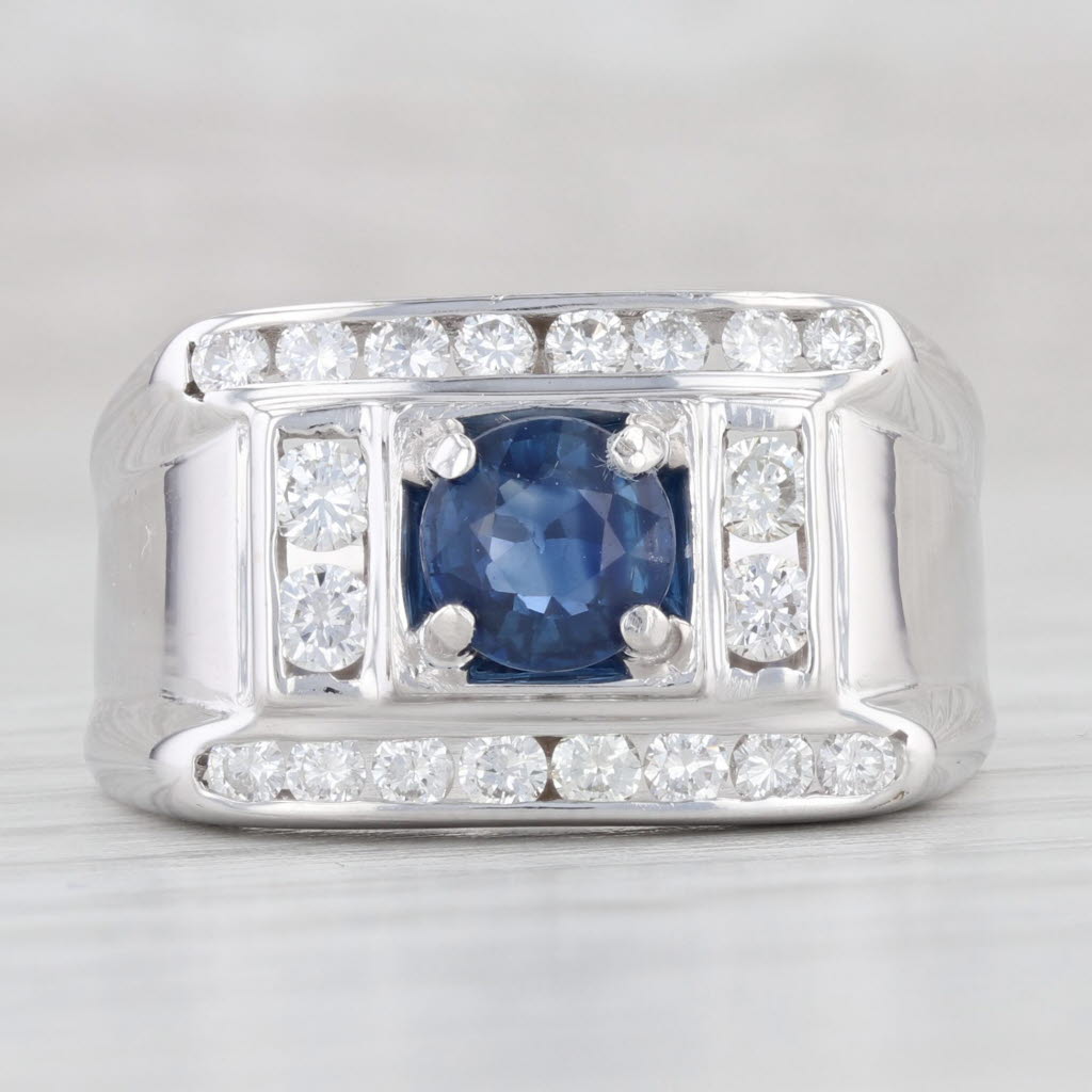 Light Gray 1.42ctw Round Blue Sapphire Diamond Ring 18k White Gold Size 9