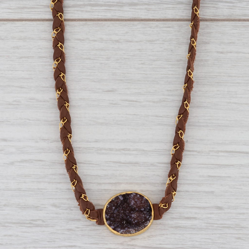 New Nina Nguyen Necklace Cordelia Woven Brown Leather Amethyst Druzy