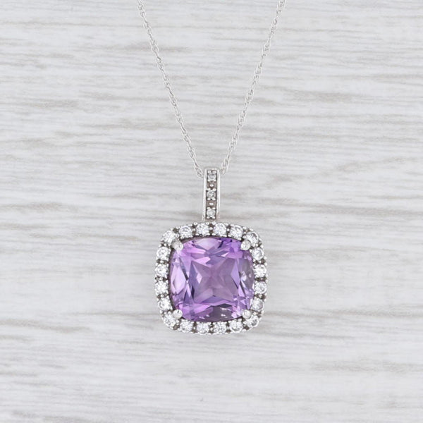 Light Gray New Amethyst Synthetic White Sapphire Halo Pendant Necklace 10k White Gold 18"