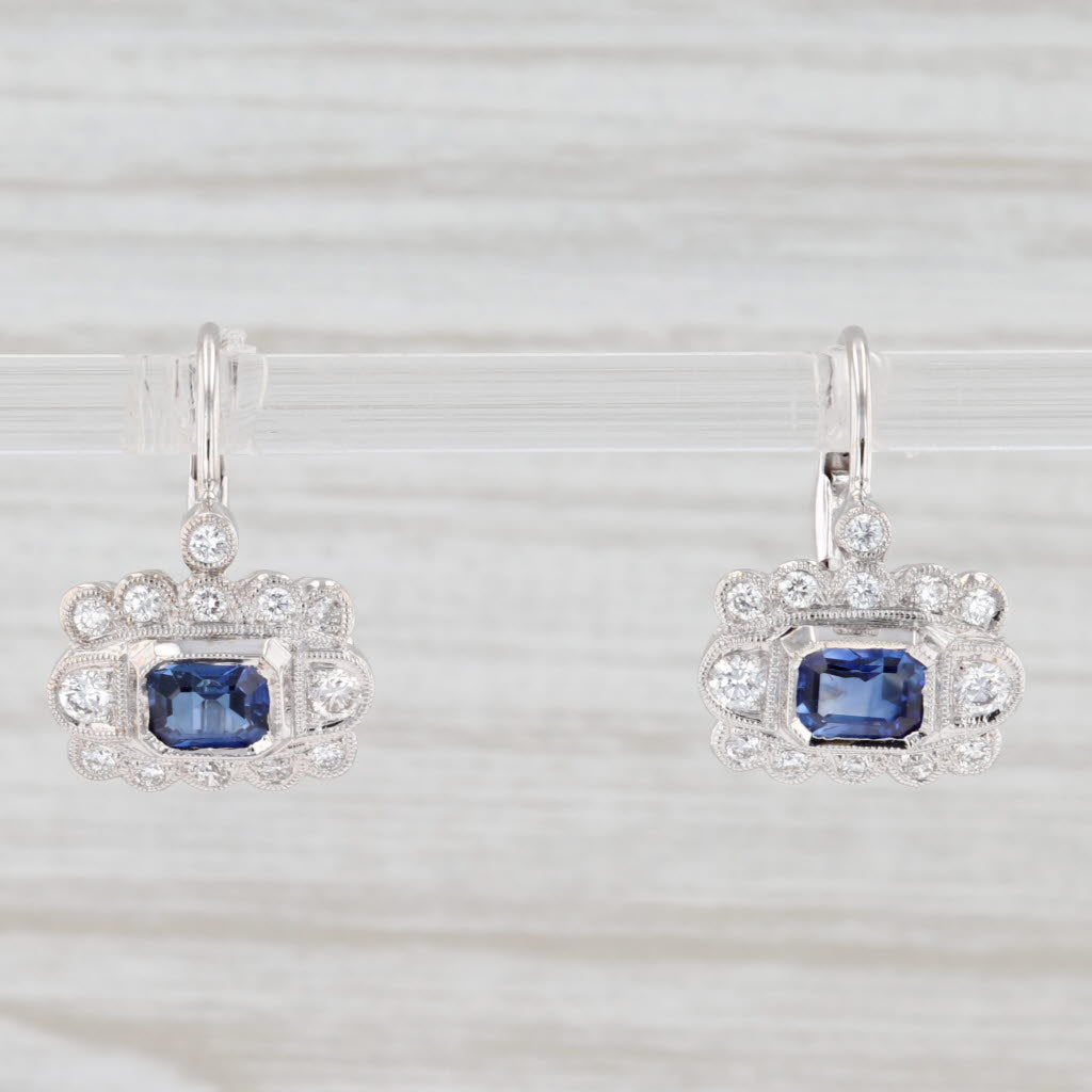 Light Gray New 1.4ctw Blue Sapphire Diamond Halo Earrings 18k White Gold Pierced Drops