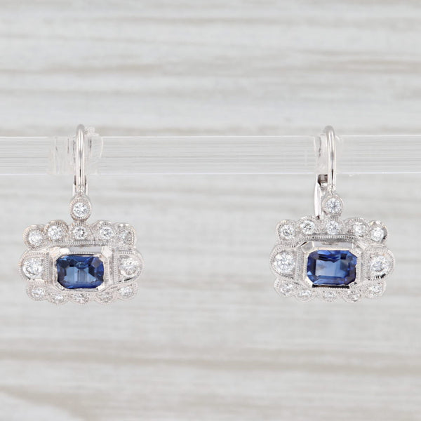 Light Gray New 1.4ctw Blue Sapphire Diamond Halo Earrings 18k White Gold Pierced Drops