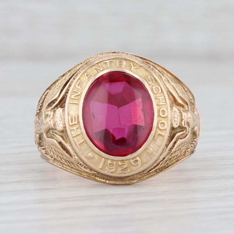 Light Gray The Infantry School Class 1929 Ring 10k Gold Synthetic Ruby Eagle Crest Sz 10.25