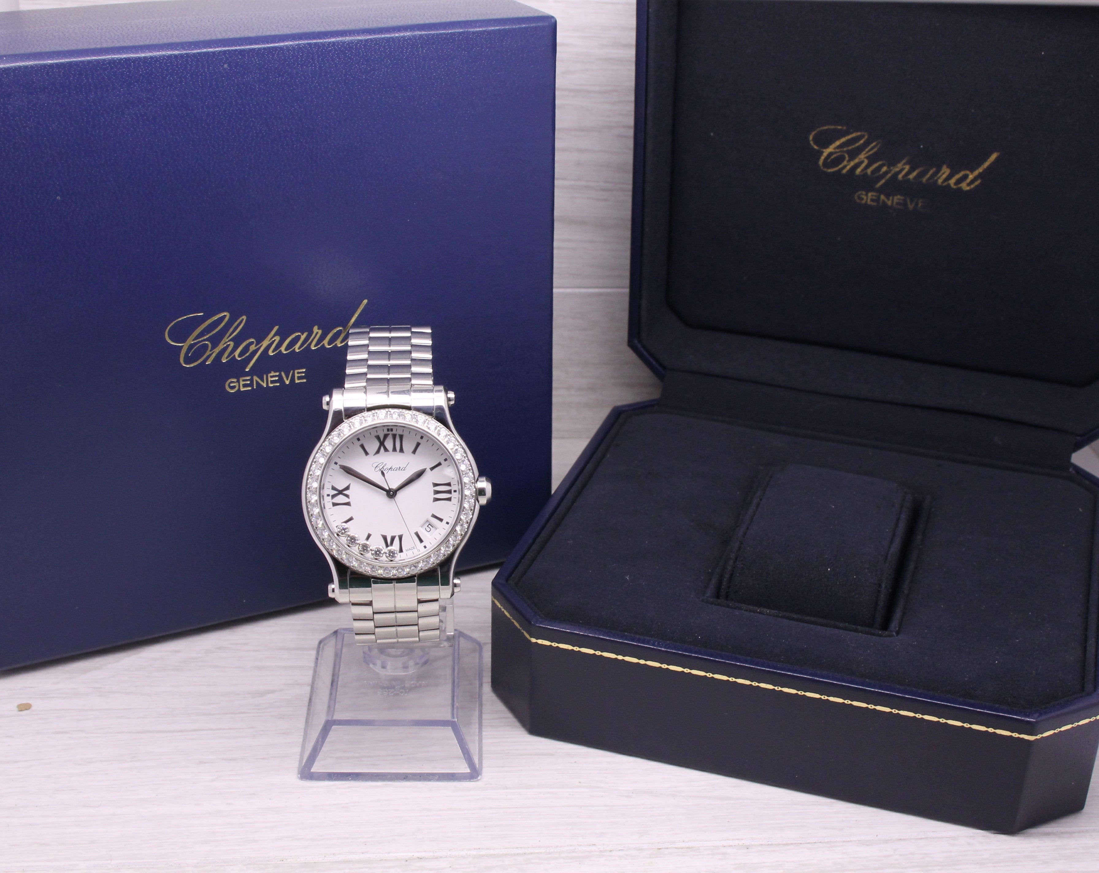 Dark Slate Gray Chopard Happy Sport Floating Diamonds Bezel 36mm Steel Quartz Watch ref.8582