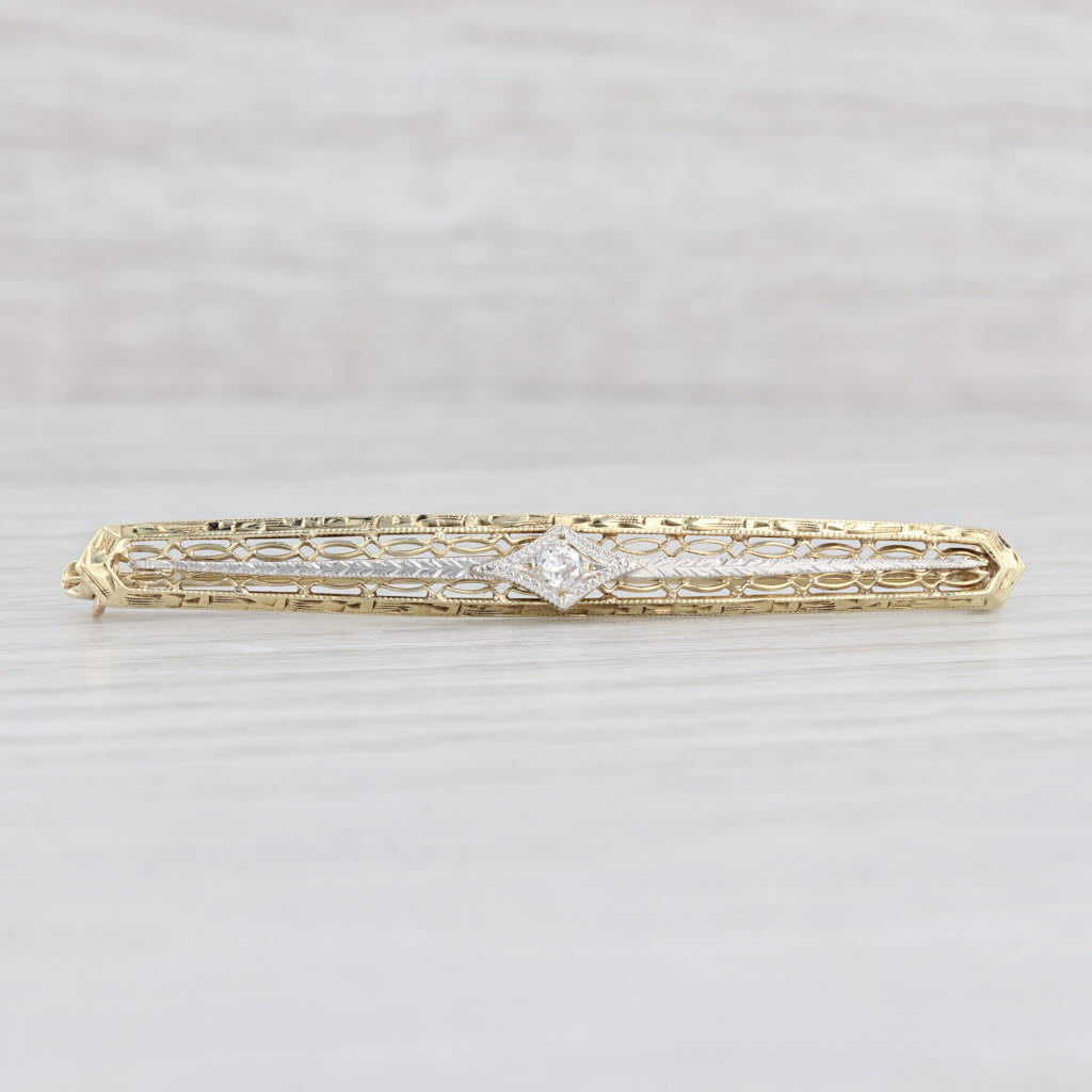 Light Gray Vintage Diamond Filigree Bar Pin 14k Yellow Gold Brooch