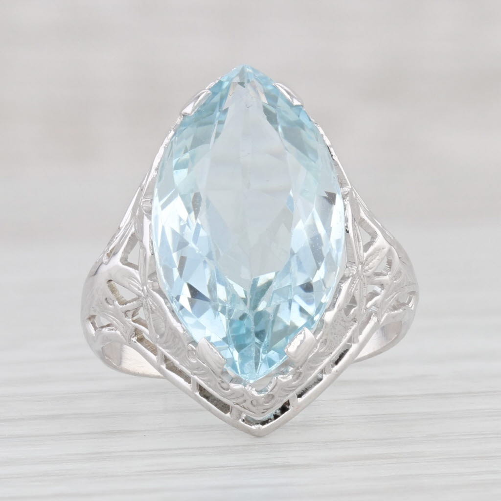 Light Gray Vintage 6ct Aquamarine Marquise Solitaire Ring 14k White Gold Floral Size 5