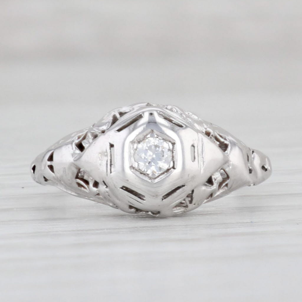 Light Gray Art Deco Floral VS2 Diamond Solitaire Ring 18k White Gold Engagement Promise