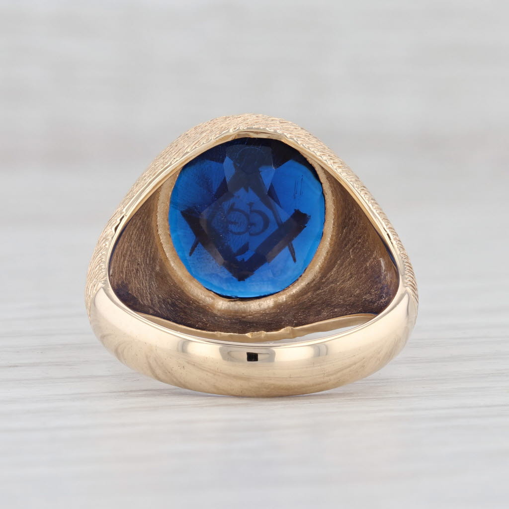 Light Gray Masonic Square Compass Signet Ring 10k Gold Synthetic Spinel Sz 9.75 Blue Lodge