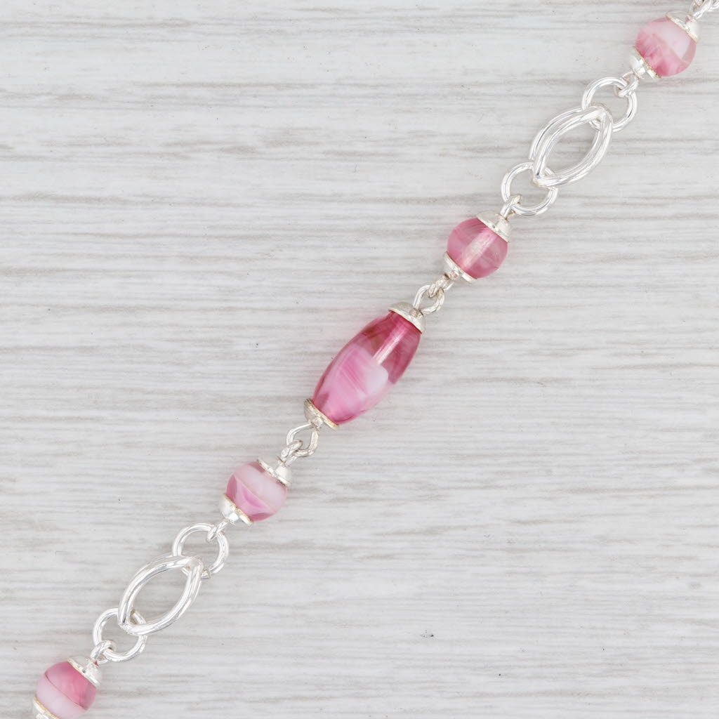 Light Gray New Pink Glass Bead Bracelet 7" Chain Sterling Silver Toggle Clasp Statement