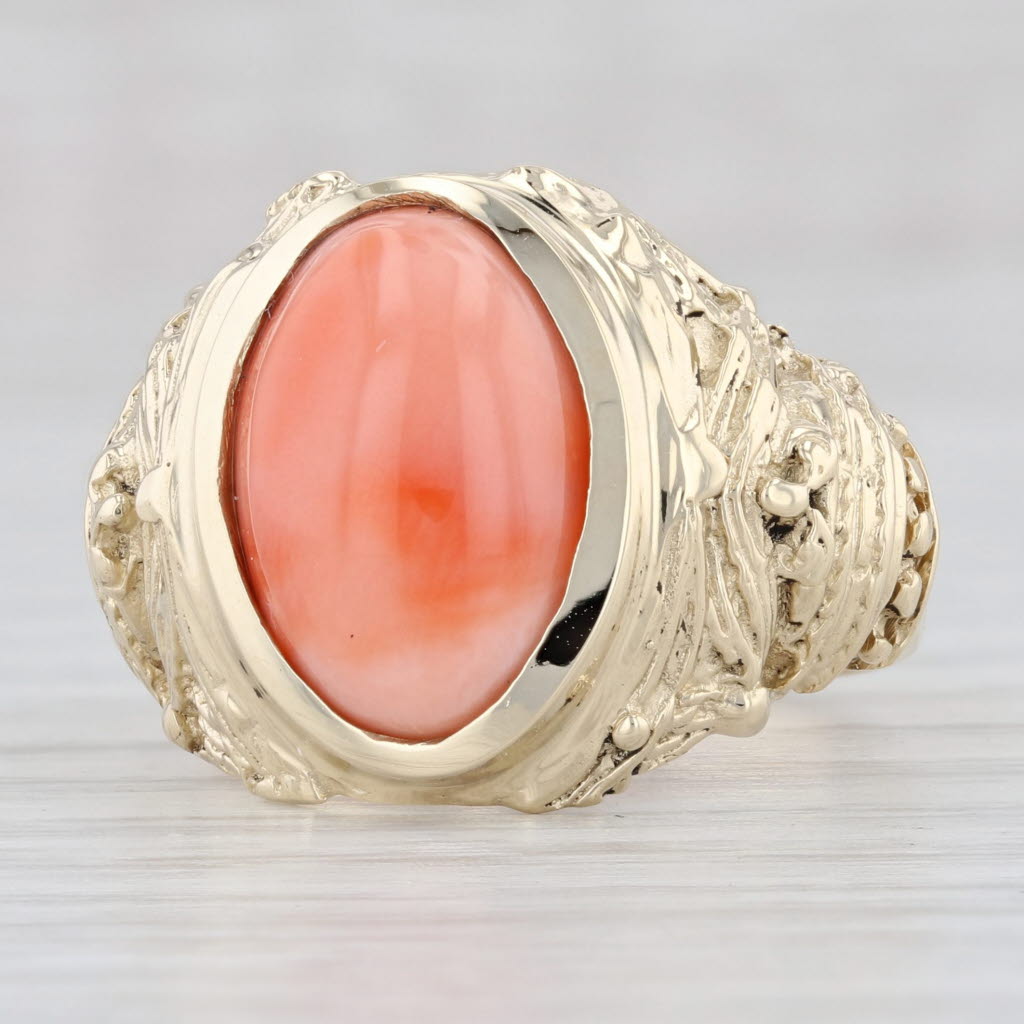 Light Gray Coral Oval Cabochon Solitaire Ring 14k Yellow Gold Size 9.25