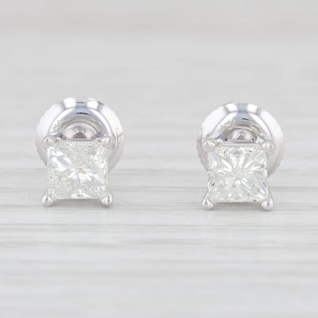 Light Gray Diamond Solitaire 0.85ctw Princess Stud Earrings 14k White Gold Screw On Pierced