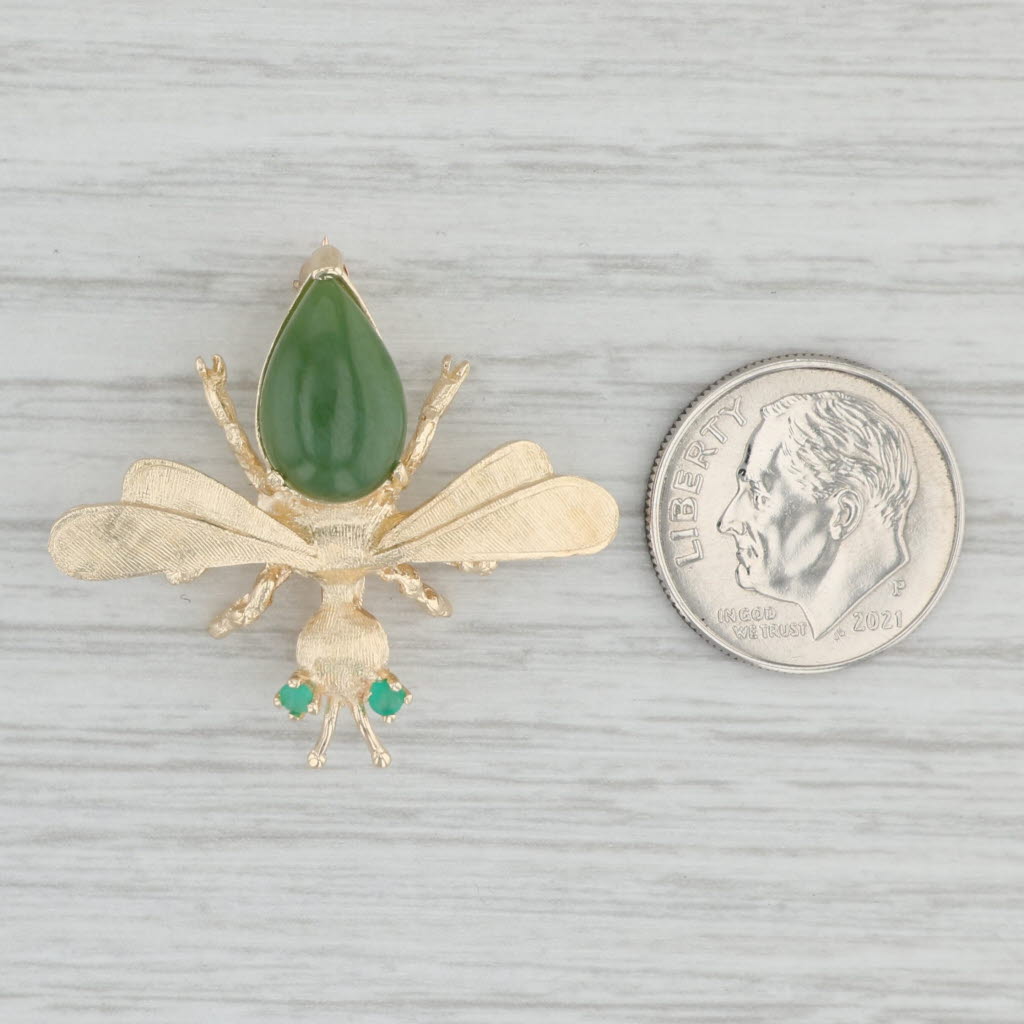 Light Gray Flying Insect Brooch 14k Gold Green Serpentine Chalcedony Vintage Pin