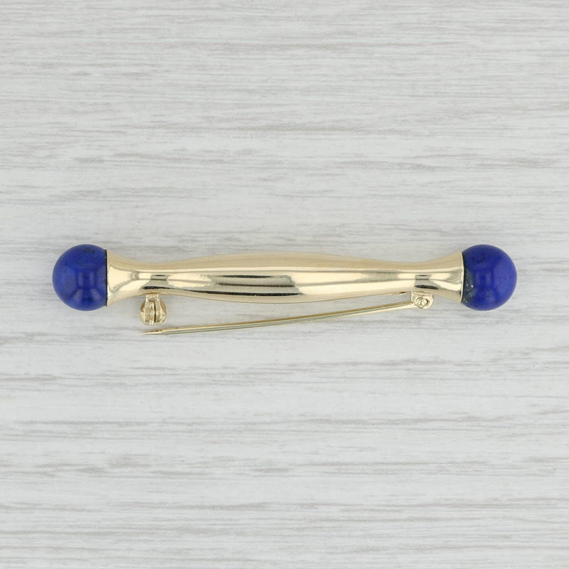 Light Gray Blue Bead Lapis Lazuli Bar Brooch 14k Yellow Gold Statement Pin
