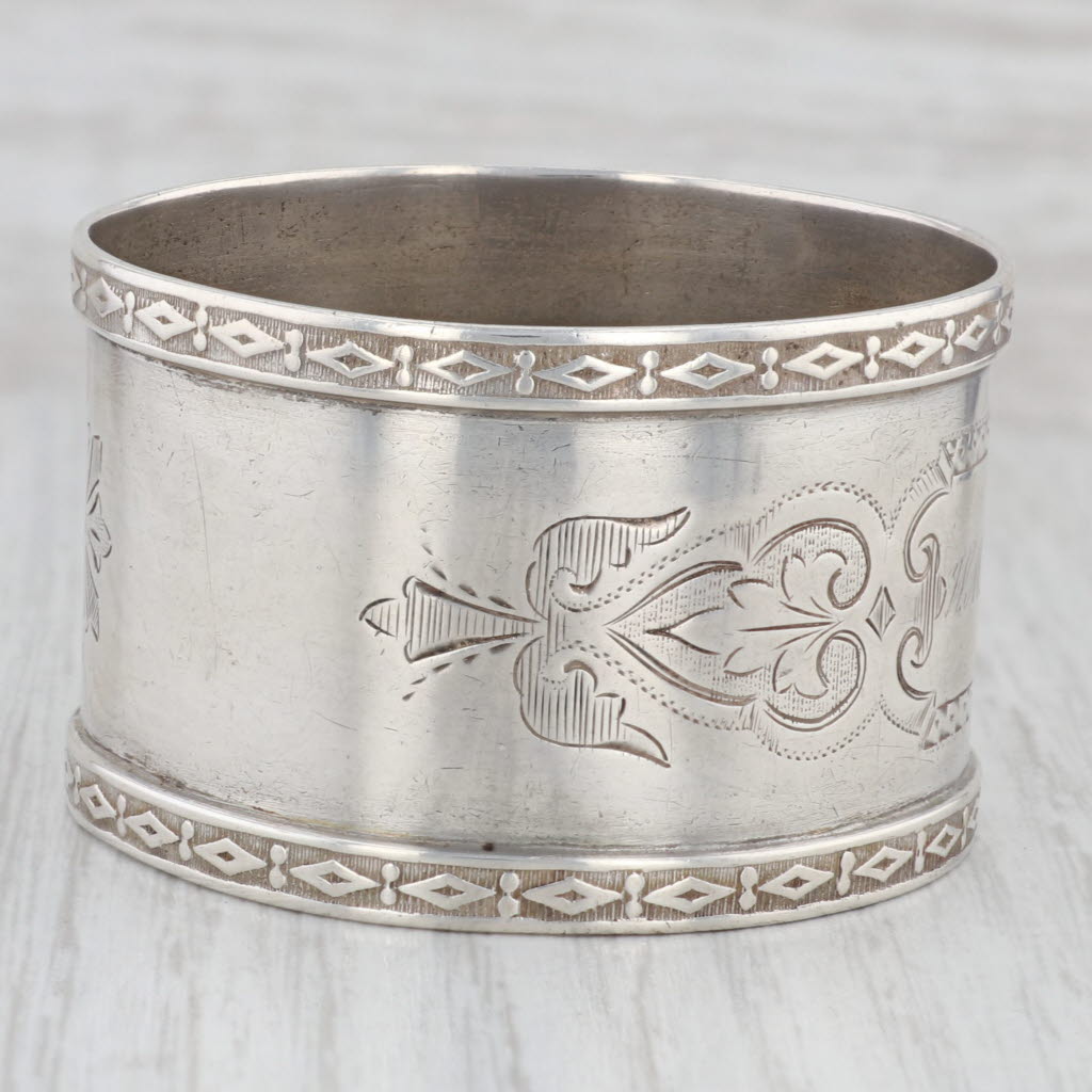 Light Gray Antique Coin Silver Napkin Ring Engraved Floral Fine Dining Tableware Hollowware