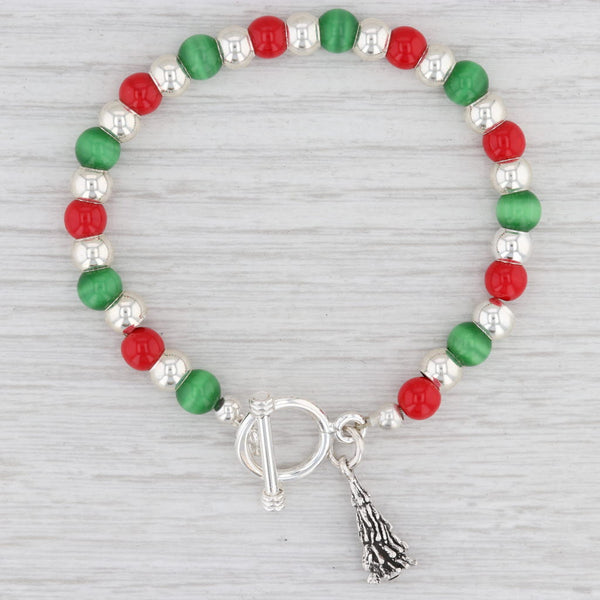 Light Gray New Red Green Glass Bead Bracelet Christmas Tree Charm 7" Sterling Silver Holiday