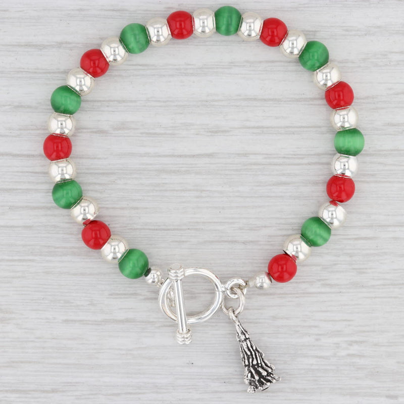 New Red Green Glass Bead Bracelet Christmas Tree Charm 7" Sterling Silver Holiday