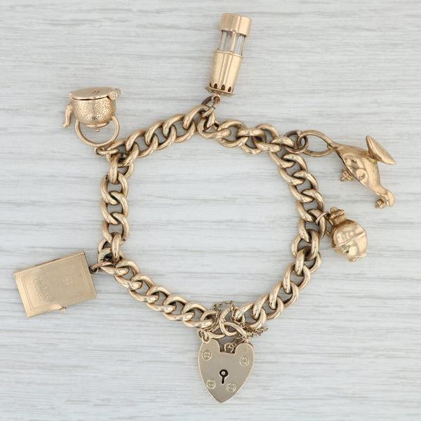 Light Gray Vintage Charm Bracelet 9k Gold Tea Pot Lantern Grecian Lamp Heart 7" Curb Chain
