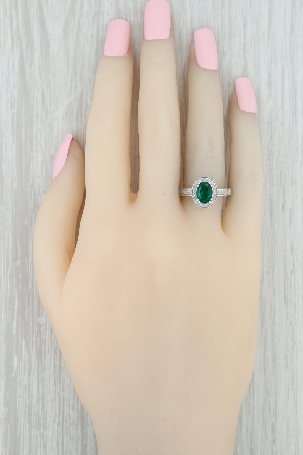 Gray New Lab Created Emerald Diamond Halo Ring 10k White Gold Sz 6.75 May Birthstone