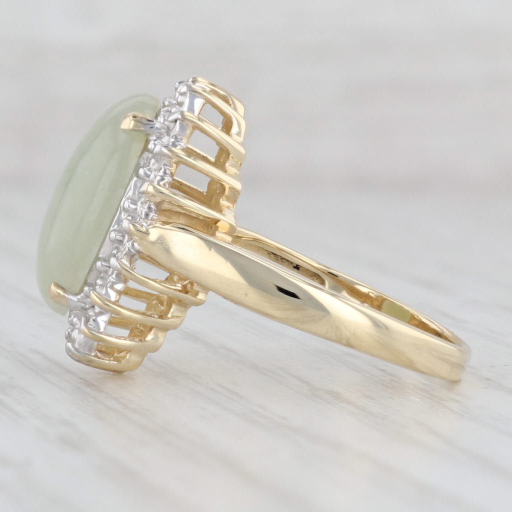 Light Gray Green Jadeite Jade Oval Cabochon Diamond Halo Ring 14k Yellow Gold Size 6.75