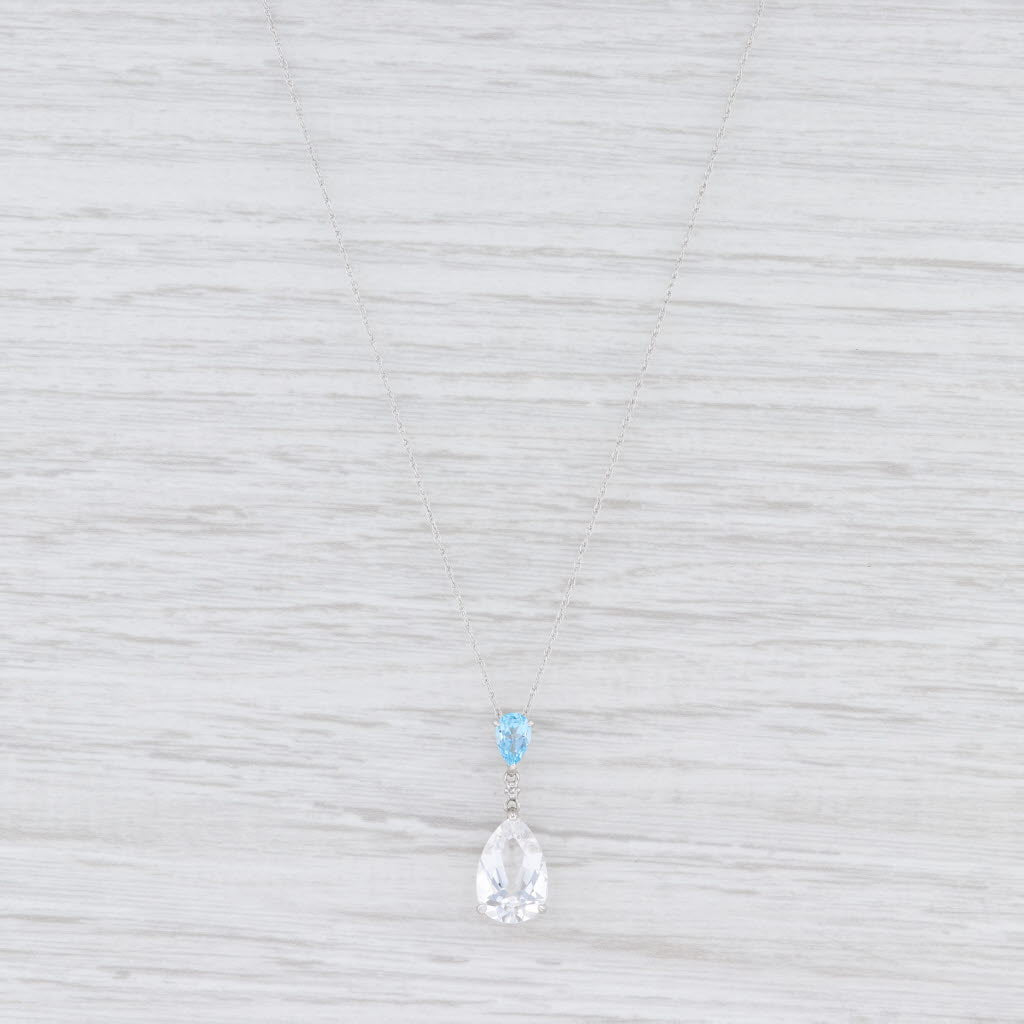 Light Gray New Quartz Crystal Blue Topaz Teardrop Pendant Necklace 14k White Gold 18"