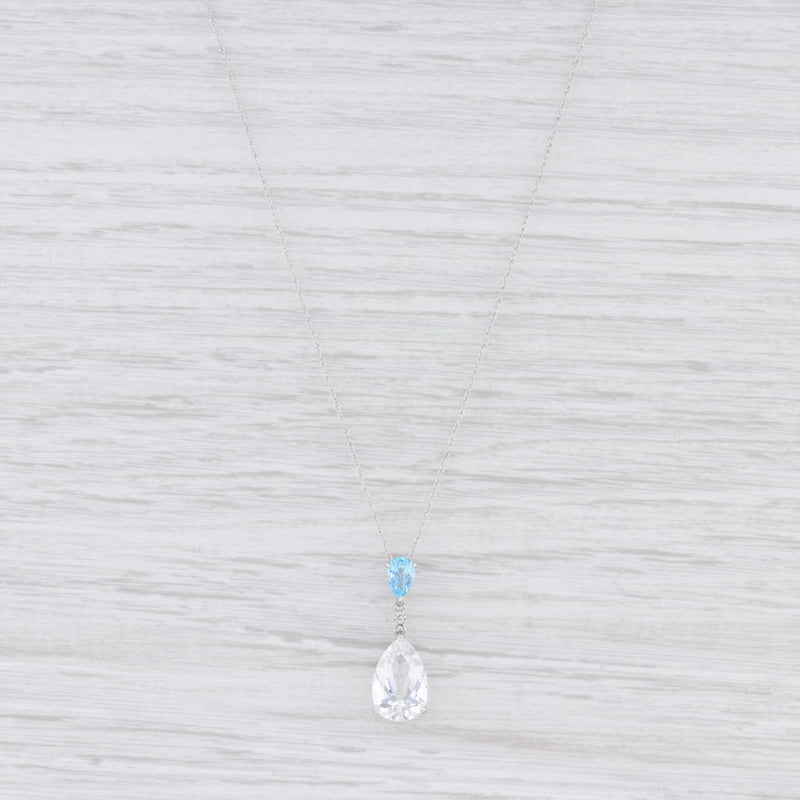 New Quartz Crystal Blue Topaz Teardrop Pendant Necklace 14k White Gold 18"