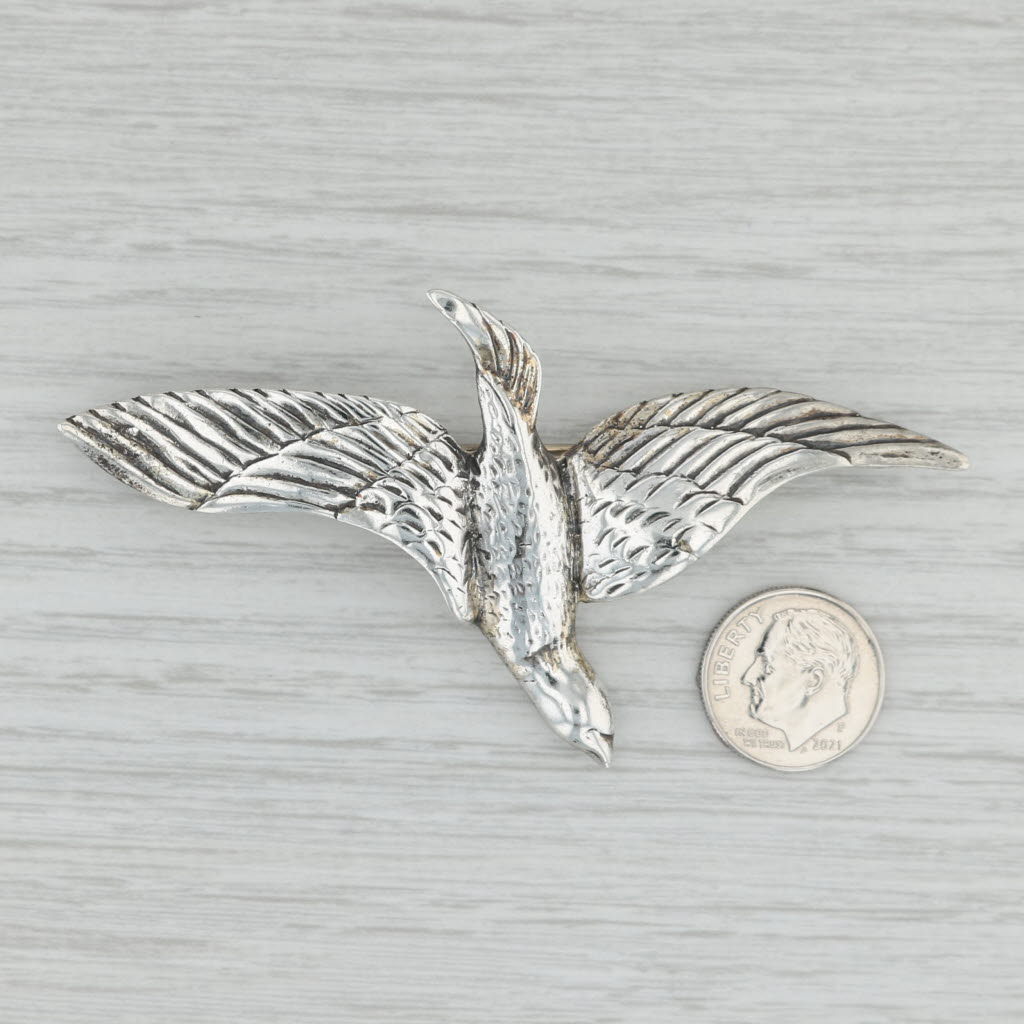 Gray Flying Bird Brooch Sterling Silver Statement Pin Vintage Danecraft Goose