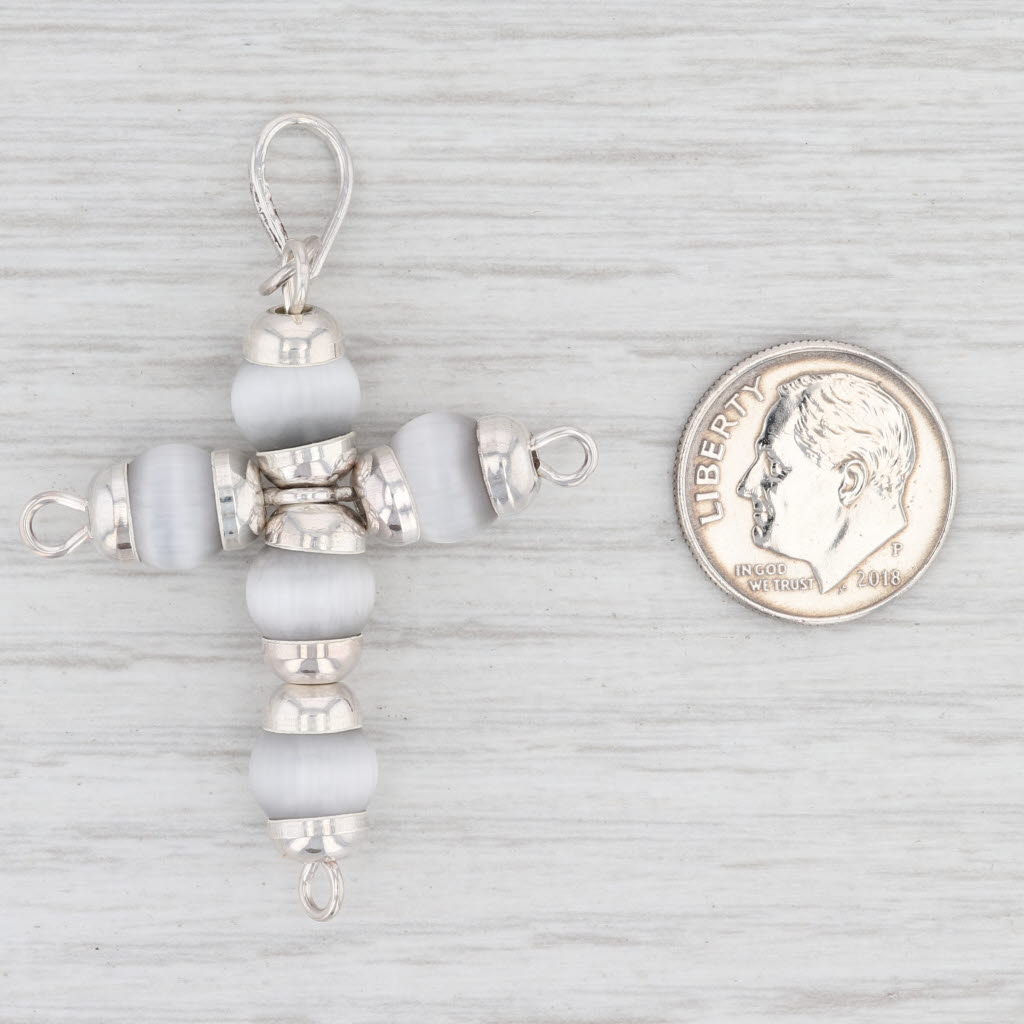 Light Gray New Gray Glass Bead Cross Pendant Sterling Silver Statement B12825